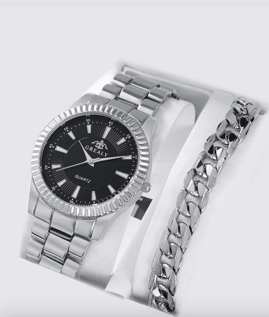 Mens Round Pointer Quartz Watch With Chain Bracelet